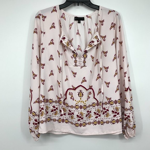 Bobeau Top Floral Print Peasant Pink Tie V Neck Long Sleeve Boho - Picture 4 of 12
